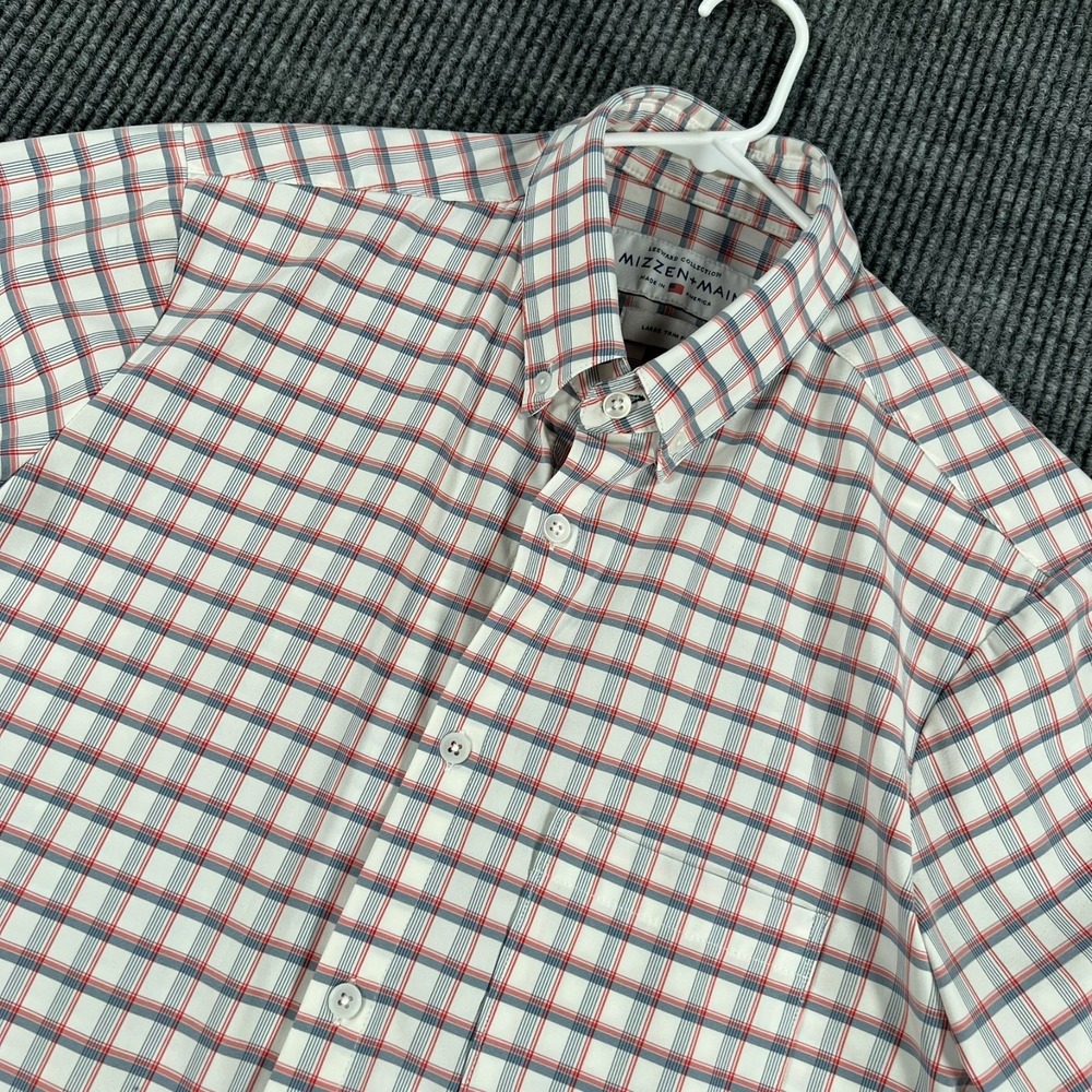 Mizzen+Main Shirt Mens Large White Red Plaid Short Sleeve Performance‎ Button